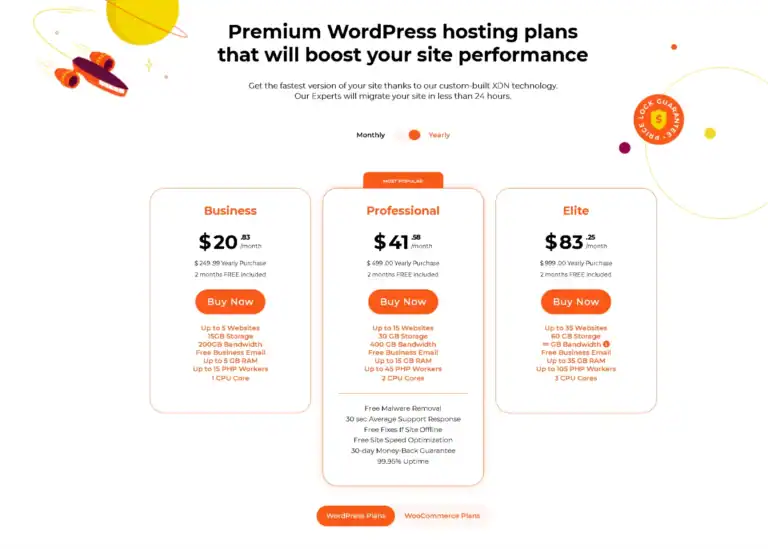 WordPress hosting plans comparison: Business, Professional, Elite.